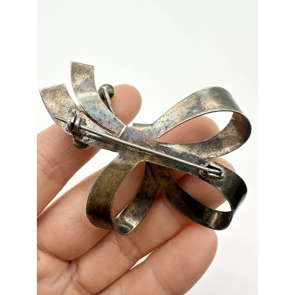 Vintage Sterling Silver Pearl Bow Tie Brooch Pin